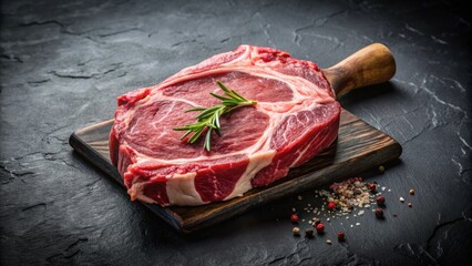 Raw meat for steak with bone-in chop on a dark background, raw, meat, steak, ingredients, cooking, dark background, chop, bone