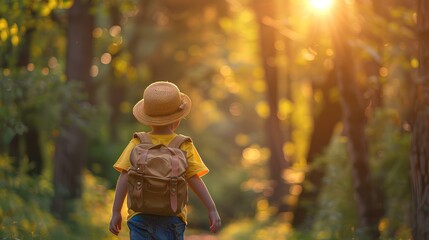 A little boy with a hat and backpack walks along a path in a summer forest at sunset, the child traveling on a nature background. Travel concept for a family trip or school field trip