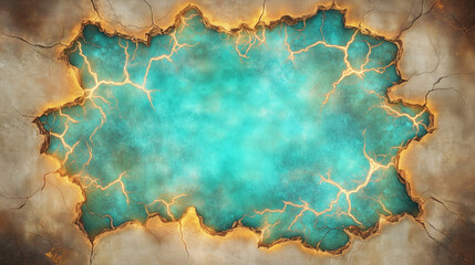 Glowing orange cracks spreading across a teal and gold textured surface