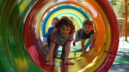 Children playing inside a colorful tunnel on an indoor playground. Two kids crawling through the plastic tube and smiling at the camera. Generative by AI