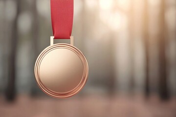 An empty bronze medal with a red ribbon, symbolizing achievement and recognition against a blurred natural background.