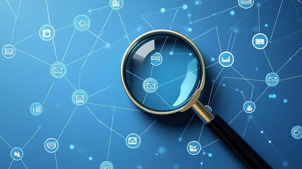 Search engine icons, abstract magnifying glass with network connections, vibrant blue tones, flat design illustration