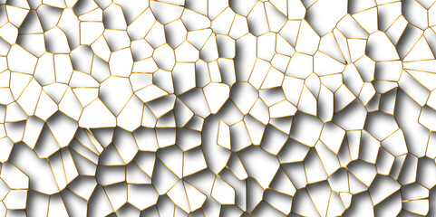 Poster - Abstract white paper cut shadows background realistic crumpled decoration textured with multi layers.Broken tiles mosaic seamless pattern.white gravel with golden line wallpaper. vector illustration.	