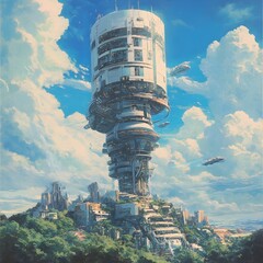 Poster - Futuristic Tower Piercing the Sky A Vision of Urban Transformation   A sleek high rise structure soaring into the horizon symbolizing the innovative and forward looking future of modern cities