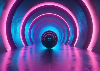 Wall Mural - 3d render of futuristic tunnel with neon light arches and a black sphere in the center, purple blue background for banner, poster, flyer, packaging, presentation, advertising, web and print mockup