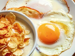 Wall Mural - Cornflakes with milk and eggs on a wooden background