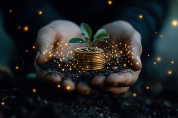 hand holding money savings filled with coins and growing plant for sustainable financial planning for retirement or eco subsidy investment for environment protection .