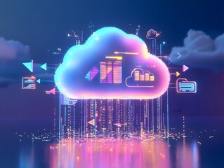 Poster - 3D Rendered of a Cloud with Digital Data Icons and Arrows Pointing In and Out Representing the Concept of Cloud Storage Data Transfer and Modern Technology