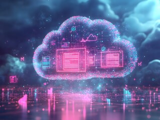 Poster - of a cloud with digital data icons and arrows pointing in and out representing cloud storage and data transfer