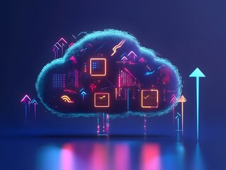 Poster - 3D Rendered of a Cloud with Digital Data Icons and Arrows Pointing In and Out Representing Cloud Storage and Data Transfer Modern Technology Concept