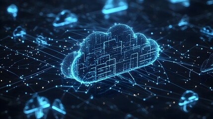Poster - Sleek and futuristic 3D rendering of a cloud computing infrastructure with interconnected servers data flow visualized through lines and nodes showcasing the concept of a centralized