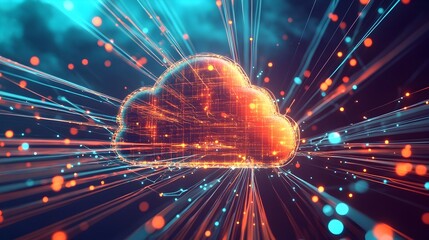 Poster - Sleek 3D Rendered Servers Connected to Futuristic Cloud Computing Infrastructure with Data Flow Visualized by Lines and Nodes