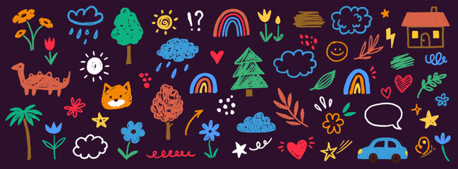 Poster - Cute kid flower, cloud, summer illustration. Hand drawn doodle sketch children cute vector school chalk background. Kids doodle crayon style line flower, cloud doodle pattern. Vector illustration