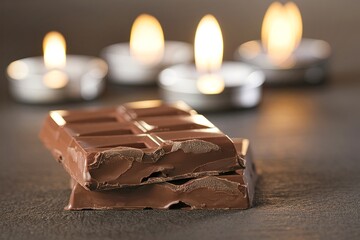 Whole chocolate bar or chunk with bokeh candle background