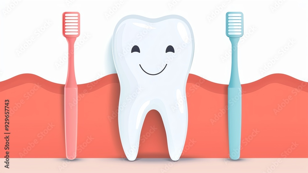 Happy cartoon tooth between two toothbrushes with gum background ...