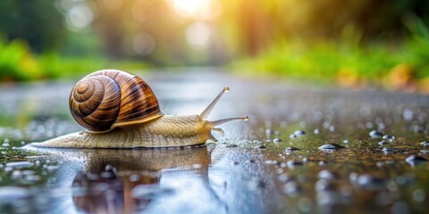 Snail crawling on wet pavement after rain, snail, wet, pavement, rain, slow, nature, shell, mollusk, slimy, garden