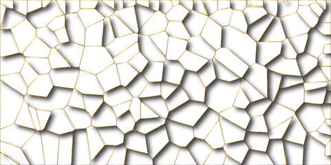 Poster - Abstract white paper cut shadows background realistic crumpled decoration textured with multi layers.Broken tiles mosaic seamless pattern.white gravel with golden line wallpaper. vector illustration.	