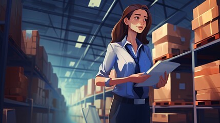 Wall Mural - A woman in a warehouse, reviewing documents among stacked boxes.