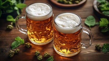 Top view of two beer mugs on wooden table