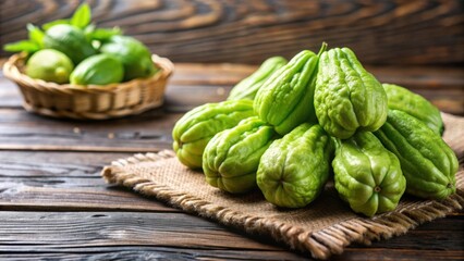 Fresh chayote fruits on the table, chayote, fresh, organic, green, healthy, vegetables, tropical, harvest, raw, natural