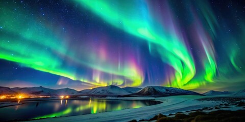 beautiful aurora borealis over hills in the northern sky at night, aurora, northern lights, borealis