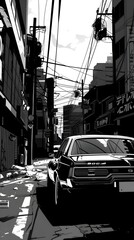 Naklejka na meble Vintage car navigates narrow urban alley lined with power lines and buildings, creating a moody black and white cityscape scene.