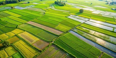 Aerial view of a geometric rice field plantation pattern , agriculture, crop, farming, rural, landscape, paddy, cultivation, harvest