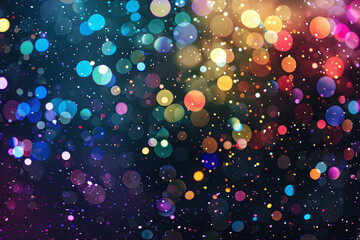 Multicolor bokeh, blurry lights, rainbow confetti on black background