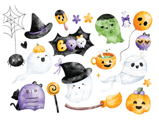 Watercolor Illustration Set of Cute Ghost and Halloween Ornaments