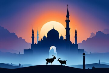 A silhouette of a goat and a sheep standing in front of a large building