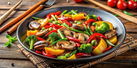 Vegetarian stir-fry dish with mushrooms and colorful vegetables , Vegetarian, stir-fry, mushrooms, colorful, vegetables, healthy