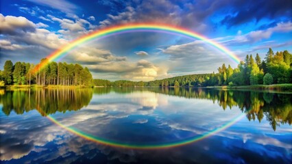 Wall Mural - Rainbow arching over serene lake with reflection, rainbow, lake, reflection, peaceful, tranquil, colorful, vibrant, nature