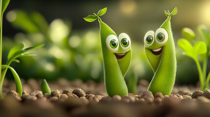 Two cheerful green sprouts with eyes stand on soil among smaller plants, enjoying a sunny day in a vibrant garden