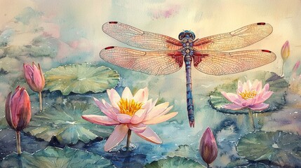 Wall Mural - Watercolor dragonfly flitting over a lily pond, with soft, pastel colors.