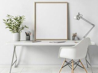 Poster - frame mockup behind contemporary desk with ergonomic chair and accessories