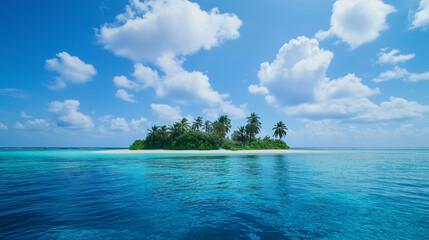 Tropical paradise island with turquoise water, white sand, and palm trees under clear blue sky