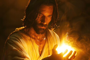 Wall Mural - Jesus with long hair and beard, wearing a white tunic, surrounded by a crowd of people in robes, against a desert background