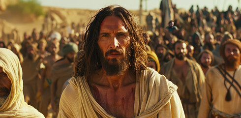 Wall Mural - Jesus with long hair and beard, wearing a white tunic, surrounded by a crowd of people in robes, against a desert background