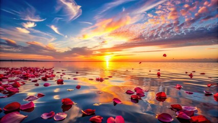 Wall Mural - Gorgeous rose petals floating on a large lake at sunset with vibrant sky colors , Nature, beauty, rose, petals, lake