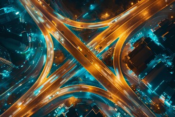 Wall Mural - Aerial view of a highway intersection at night showing traffic flow on the roads, with a city background. Cars at a big crossroads at night. Urban landscape