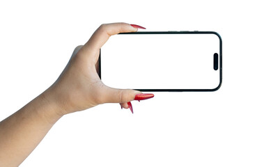 Canvas Print - female hand holding smartphone isolated on transparent background - png format.