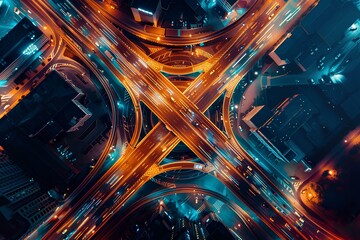 Wall Mural - Aerial view of a highway intersection at night showing traffic flow on the roads, with a city background. Cars at a big crossroads at night. Urban landscape