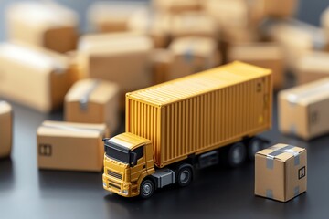 Yellow delivery truck amidst cardboard boxes, symbolizing logistics, shipping, and supply chain. Focus on transportation and packaging.