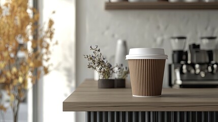 Canvas Print - A clean and simple mockup of a brown 3D paper coffee cup on a minimalist cafe shelf, blending with the calm and sophisticated ambiance of the cafe interior.