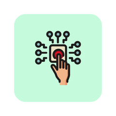 Poster - Human hand pushing button line icon. Electronic tool, virtual touchscreen, cyber security. Printing industry concept. Vector can be used for topics like cybernetics, technology, electronics