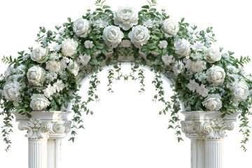 Wall Mural - Floral arch with white flowers and greenery on white background.