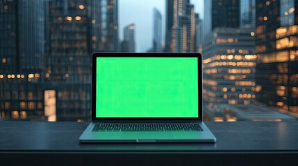Poster - A mockup of a green screen laptop placed on a modern table, with towering skyscrapers in the background. The green screen invites customization against the urban backdrop.