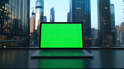 Poster - A mockup of a green screen laptop placed on a modern table, with towering skyscrapers in the background. The green screen invites customization against the urban backdrop.
