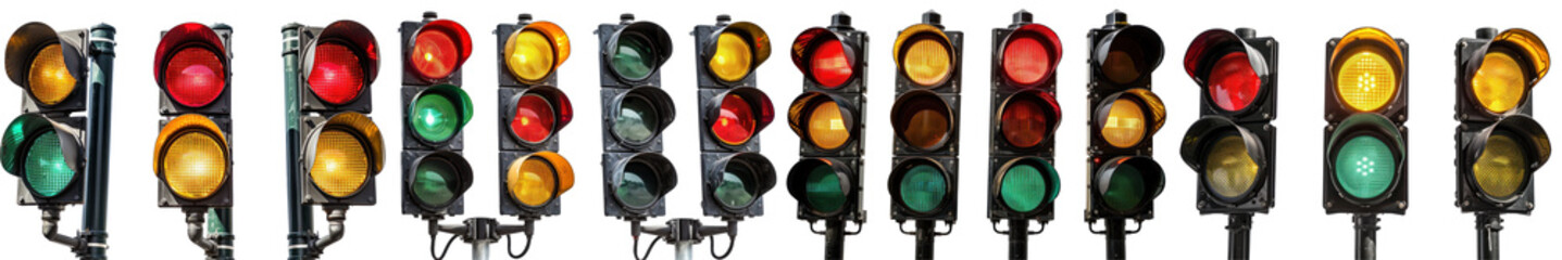 Wall Mural - Traffic lights with red, yellow, and green signals on white background.