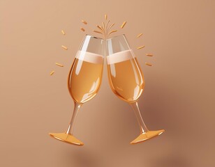 3D Two champagne flutes clink in a toast, 3D illustration